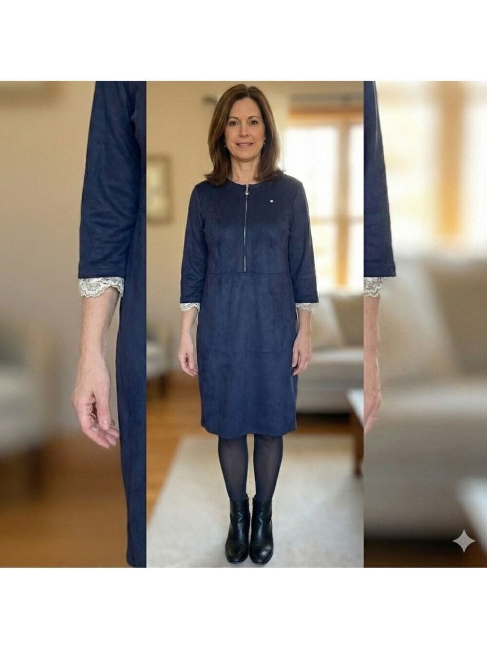 SPORTALM Faux Suede Midi Dress 1/2 Zip Front Long Sleeve w/ Lace Trim Sz 12